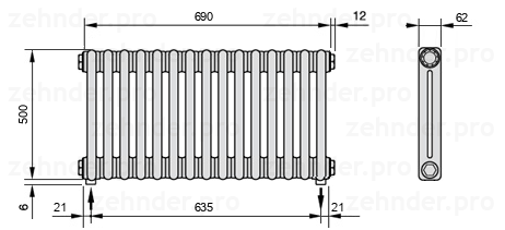 Схема (чертеж) Радиатор Zehnder Charleston 2050/15 №5310 Белый глянцевый RAL 9016
